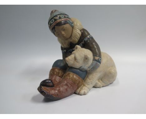 LARGE Lladro Eskimo Inuit Boy Playing with Polar Bear Cub