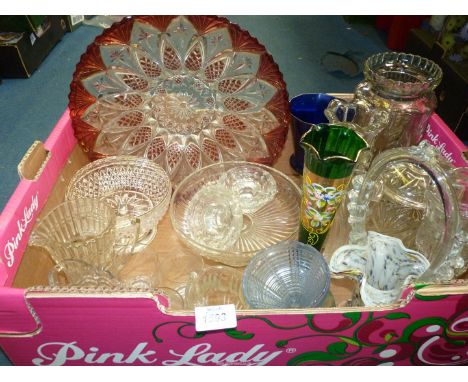 A quantity of glass including pressed red and clear glass lamp shade, rose bowl, end of day basket, cream jugs, vases etc.