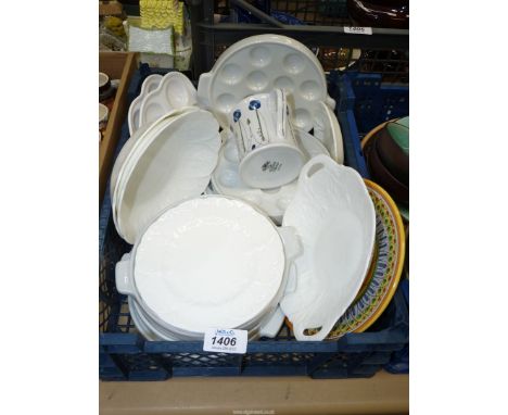 Six white ceramic mushroom escargot plates by Tradition France, together with two ceramic snail dishes, four pieces of white 