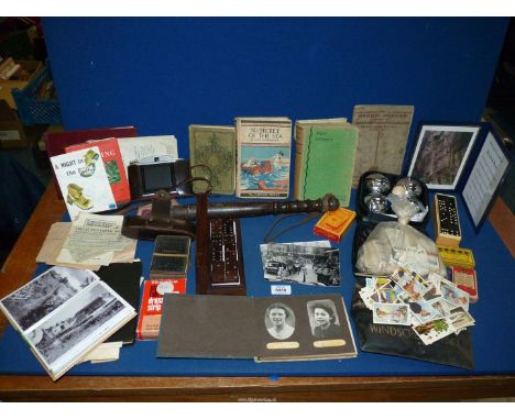 A quantity of miscellanea to include old photographs including an image of an early glider, Dominoes sets, cigarette cards, b