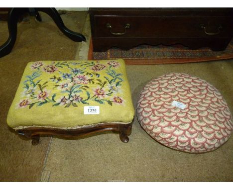 Two wooden footstools, one tapestry and the other circular having three button feet.