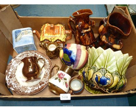 A quantity of china to include lustre jugs, jardiniere with stand, Palissy 'Game Series' bowl, cottage teapot, etc.