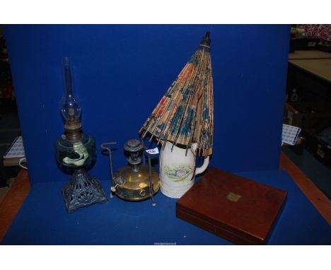 A quantity of miscellanea including a 'SVea5' brass primus (a/f), oil lamp base with green reservoir and chimney, cutlery box