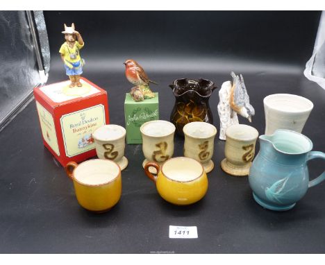 A small quantity of pottery including Bongate Scotland egg cups, Somerset vase, boxed Royal Doulton Bunnykins Tourist, boxed 