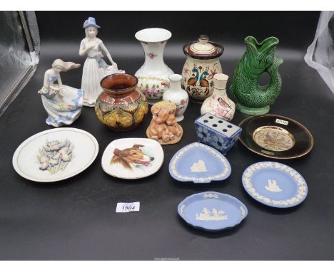 A quantity of china ornaments and vases including unmarked figurines, Jasperware pin dishes, display plates, Royal Worcester 