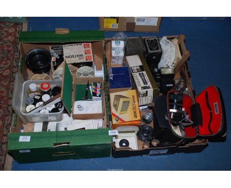 Two boxes of cameras and accessories including Praktica M.T.L 5B 35mm SLR, with 28-70mm Vivitar zoom lens, Chinon CP/7M 35mm 