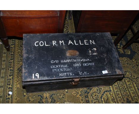 A metal Military Trunk for Col. R.M. Allen, c/o Garrison, Central Depot, Preston, Notts, 30'' x 17'' x 11''.