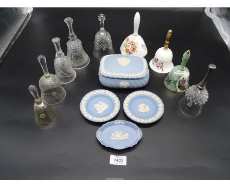 A large Wedgwood lidded pot and Wedgwood pin dishes together with a quantity of glass and ceramic bells.