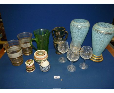 A quantity of mixed glass and china including a pair of light blue mottle vases, four wine glasses, dragon pottery pots and J