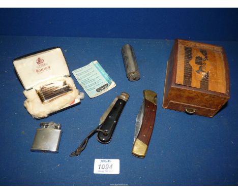 A cased Ronson lighter, gold coloured, excellent condition plus one other and a Joseph Rodgers pen knife, a cigarette roller 