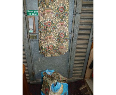 A pair of Sanderson style lined Curtains with repeated pattern of exotic flowers in a vase on a cream ground, 104'' wide x 78