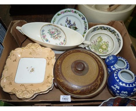 Miscellaneous china including pottery lidded casserole dish, Wedgwood boat shaped vase, Portmeirion small bowl plus another, 