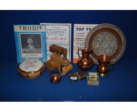 A quantity of miscellanea including small copper ornaments, tankard, jug, treen toy tractor, bowl with tapestry lid, playing 