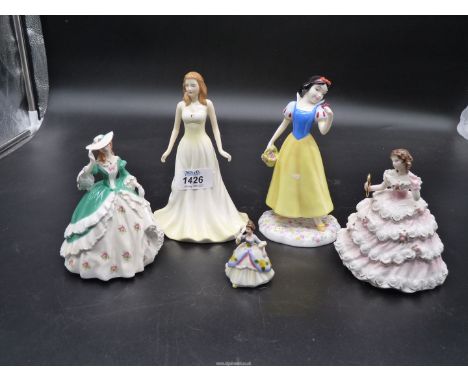 Two Royal Doulton figures, June-Pearl and Disney Snow White plus two Royal Worcester figures, Lady Sophie, Lady Sarah and a m