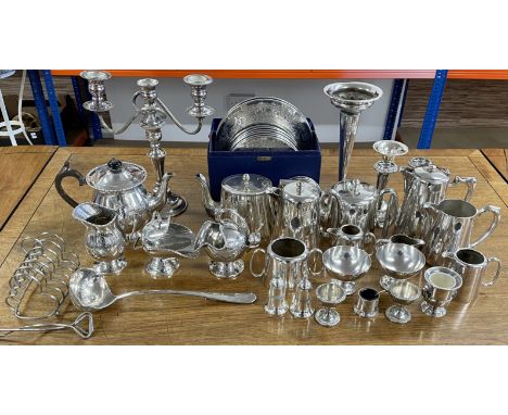Silver plate tea &amp; coffee sets, candelabra, boxed &amp; loose coasters, ladle etc&nbsp;&nbsp;