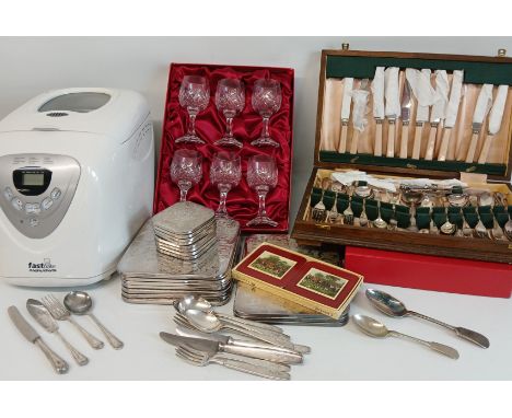 Morphy Richards bread machine, cased set of Schott Cristal wine glasses, Pendragon place mates, hunting scene coasters, part 