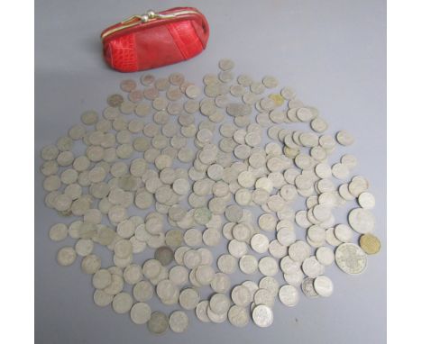 Large collection of six pences mostly Queen Elizabeth II &amp; 1950 half crown with red leather purse