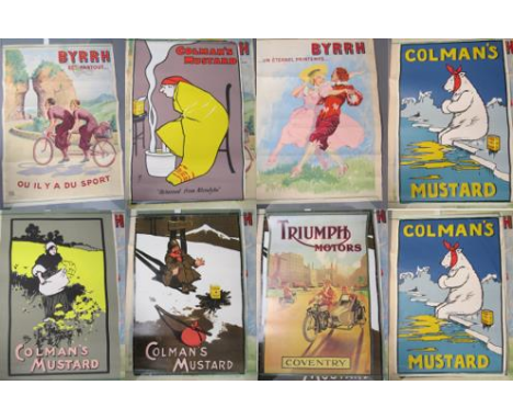 Collection of advertising posters includes - BYRRH French posters - Coleman's Mustard - Triumph Motors - some duplicates - La