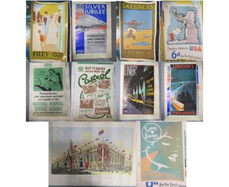 Collection of travel and advertising posters includes -Selfridge's Jubilee decorations - National Hospital Service reserve - 