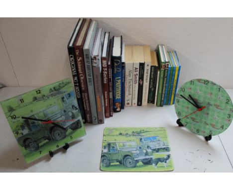 Selection of books, two battery operated glass clocks depicting Land Rover &amp; Dogs (untested) Land Rover mouse mat