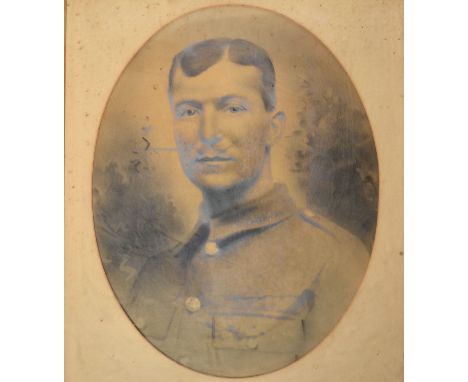 A framed and glazed portrait of a World War 1 soldier.

Measures 49cms high x 39cms wide with the frame and 61cms high x 42cm