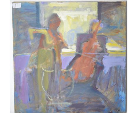 A 20th century oil/gouache painting on canvas depicting musicians one playing the cello by listed artist Michael Coote.

Mich