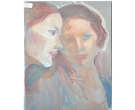 A 20th century oil/gouache painting on canvas depicting a portrait of two ladies close together by listed artist Michael Coot