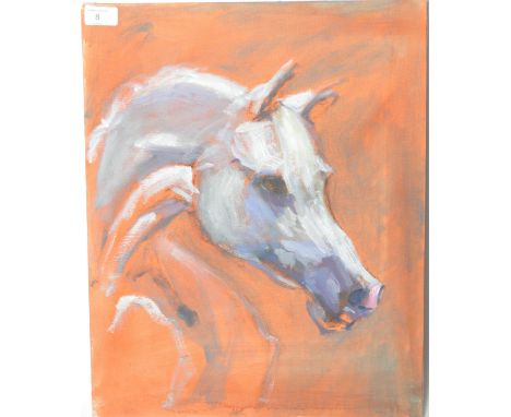 A 20th century oil/gouache painting on canvas portrait study of a white horse by listed artist Michael Coote.

Michael Coote 