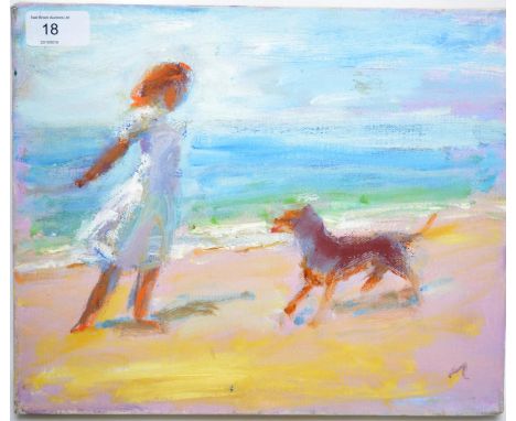 A 20th century oil/gouache painting on canvas depicting a girl and her dog playing on the beach listed artist Michael Coote.
