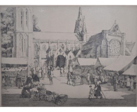 An early 20th century framed and glazed lithograph print of a church with market scene entitled "not by bread alone" with art