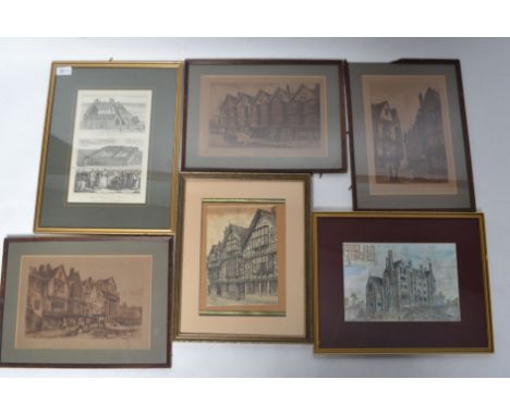 A group of 6 framed and glazed lithograph prints of street scenes and buildings to include St Raphael's Bristol.

The largest