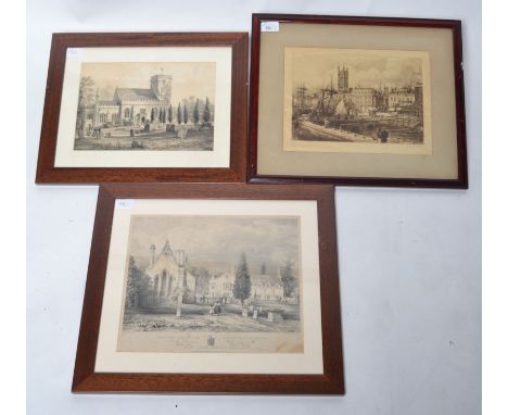 A group of three lithograph prints depicting a church, Henbury School House and Vestry and a docks scene. All Framed and glaz