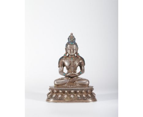 CHINESE GEM INLAID SILVER FIGURE OF AMITAYUS. 6 1/4 in or 16 cm high.