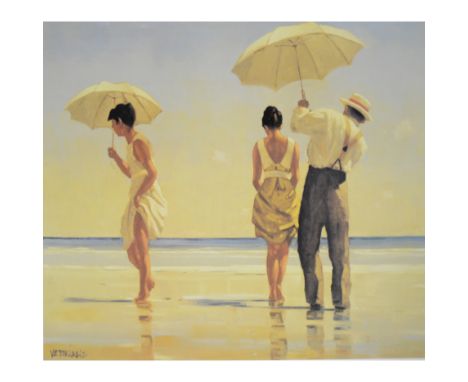 After Jack Vettriano, "Mad Dogs" a coloured print of figures on the seashore, 49cm x 60cm, a pair of modern prints of green f