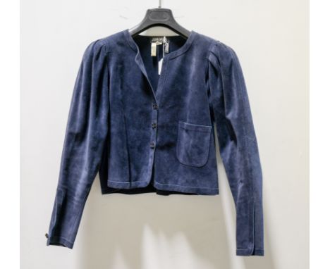 Jean Muir London - a navy blue suede jacket, straight box design with side vents and edged, centre back seam, no collar, sing
