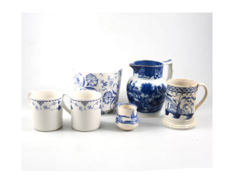 A tray of blue and white transfer printed ware to include; a Royal Doulton "Norfolk" plate and cream jug, a Caughley sugar bo