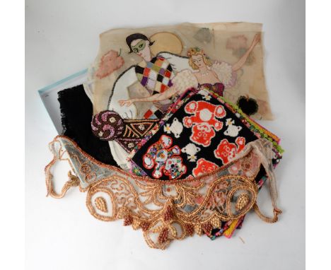 Two black mourning lace shaws, seven vintage embroidered mats, embroidered panel of dancers, a beaded collar and panel, eight