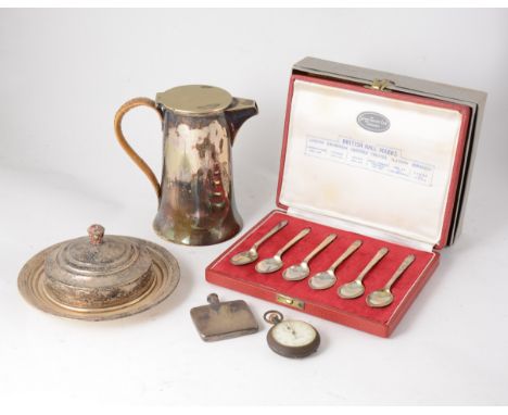 A tray of silver and plated wares, a set of cased silver teaspoons featuring the six assay offices of England and Scotland by