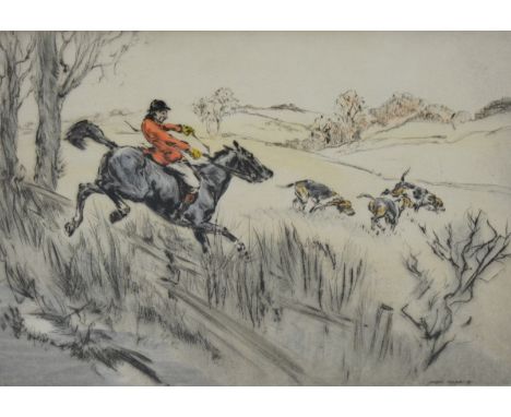 Henry Wilkinson, "On the Scent", signed hand-coloured dry point, 24 x 36cms. 