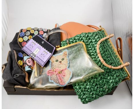 A collection of vintage handbags,  a Filofax "Duchess" Italian tan leather case, a canvas back pack embellished with bottle t