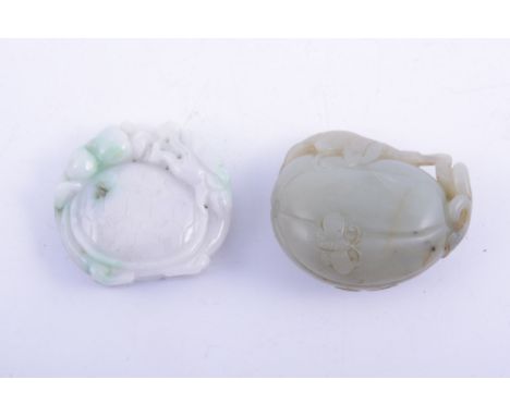 Chinese Jade model of a dragon encircling a stone, 5cm; another jade carving of a peach with tendrils and leaves, 5.5cm x 4.5