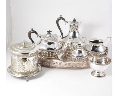 Four-piece plated tea service; plated oval galleried tray; biscuit barrel and rose bowl. (7)