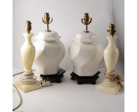 Pair of alabaster table lamps, and a pair of Chinese ceramic lamp bases. (4)