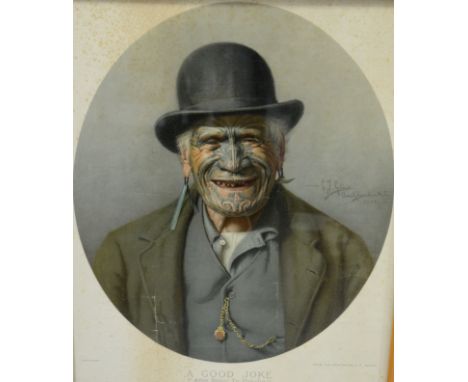 After C F Goldie "A Good Joke" (Allee Same Te Pakeha), a coloured print portrait of New Zealand Maori Chief Te Aho te Rangi W
