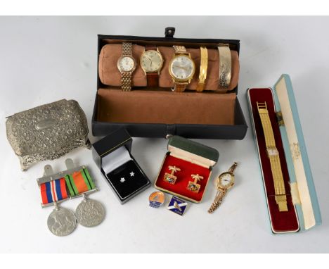 A tray of costume jewellery and wrist watches, including some silver jewellery, costume jewellery by Sarah Coventry, World Wa