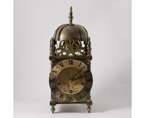 Brass lantern clock, quarter striking on four bells, 34cm.