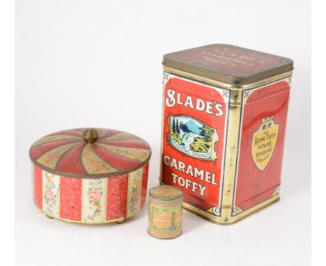 Three vintage tins, Huntley & Palmers Miniature Fancy Shortbread; Slade's Caramel Toffy; and Horners Confectionery.