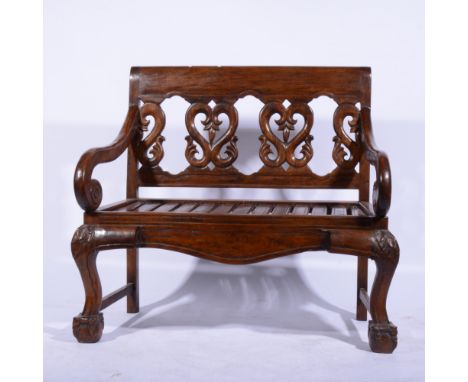 Reproduction hardwood bench,slatted seats, scrolled arms, width 104cms.                    