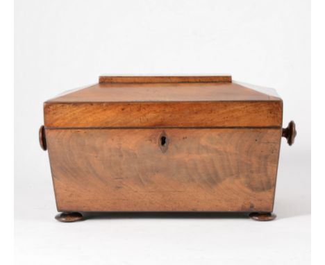 Victorian mahogany sarcophagus shape tea caddy, 29cm wide, 15cm high.