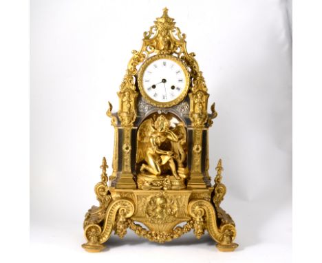 French polished steel and gilt metal mantel clock, white enamel dial, cylinder movement signed Thomas Woodfield, Paris, strik